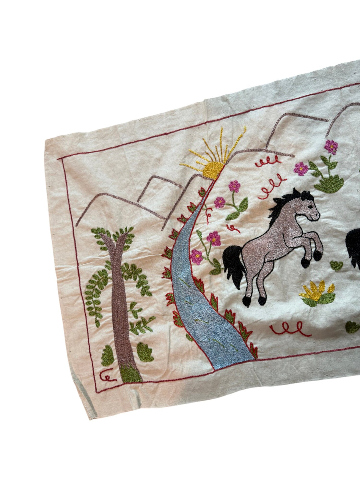 Bohemian Uzbek Suzani Table Runner, Winged Horse Embroidery, Cotton Embroidered Wall Hanging 1'8'' x 4'7'' - detail 5