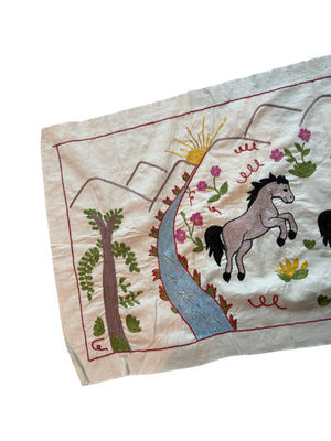Bohemian Uzbek Suzani Table Runner, Winged Horse Embroidery, Cotton Embroidered Wall Hanging 1'8'' x 4'7'' - detail 5