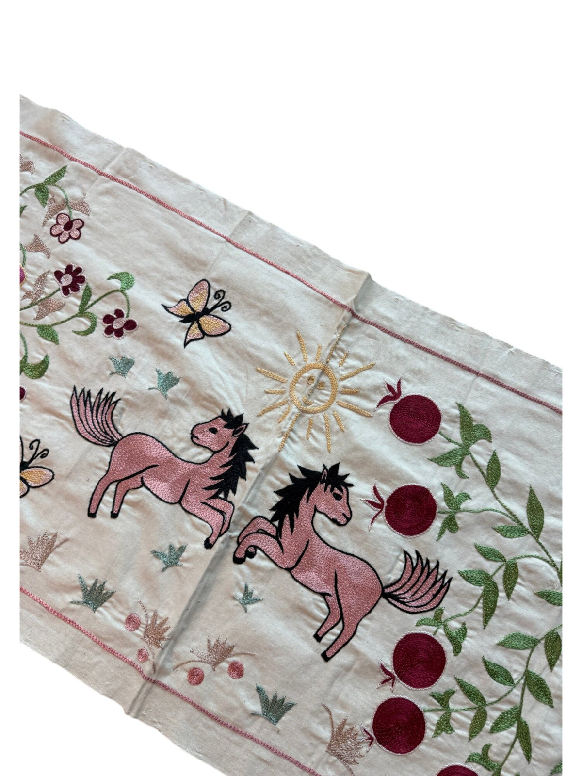 Winged Horse Motif Suzani Embroidery Wall Decor - Embroidered Bukhara Embroidery 1'8'' x 4'8'' - detail 5