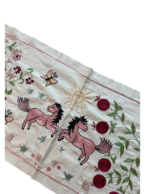 Winged Horse Motif Suzani Embroidery Wall Decor - Embroidered Bukhara Embroidery 1'8'' x 4'8'' - detail 5