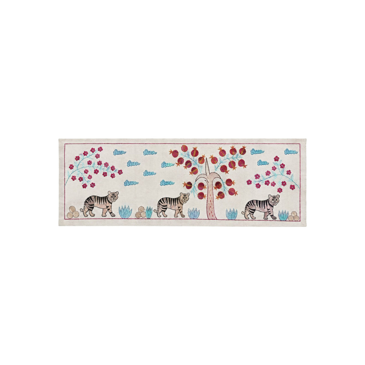 Boho Tiger Suzani Tapestry - Central Asian Embroidered Cotton Runner 1'8'' x 4'8'' - front view