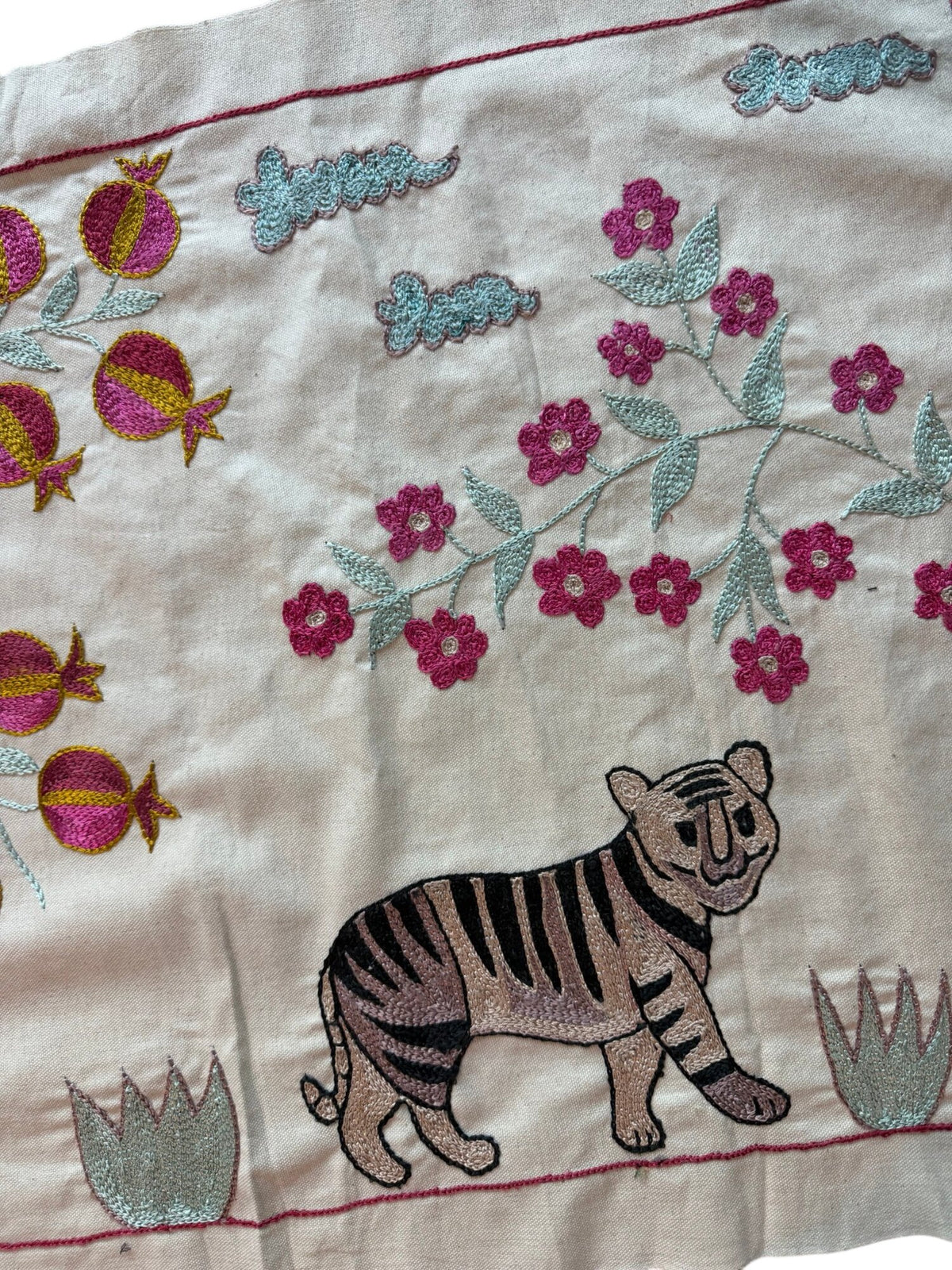 Boho Tiger Suzani Tapestry - Central Asian Embroidered Cotton Runner 1'8'' x 4'8'' - detail 2