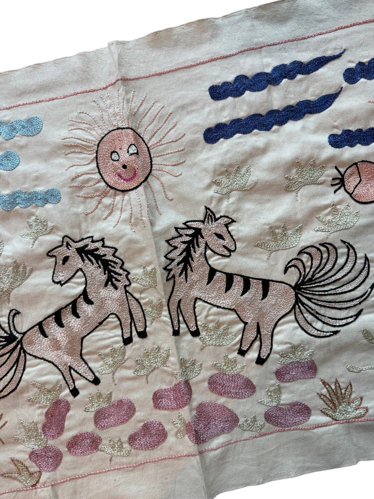 Bohemian Winged Horse Suzani Runner - Tashkent Pictorial Embroidery 1'8'' x 4'6'' - detail 3