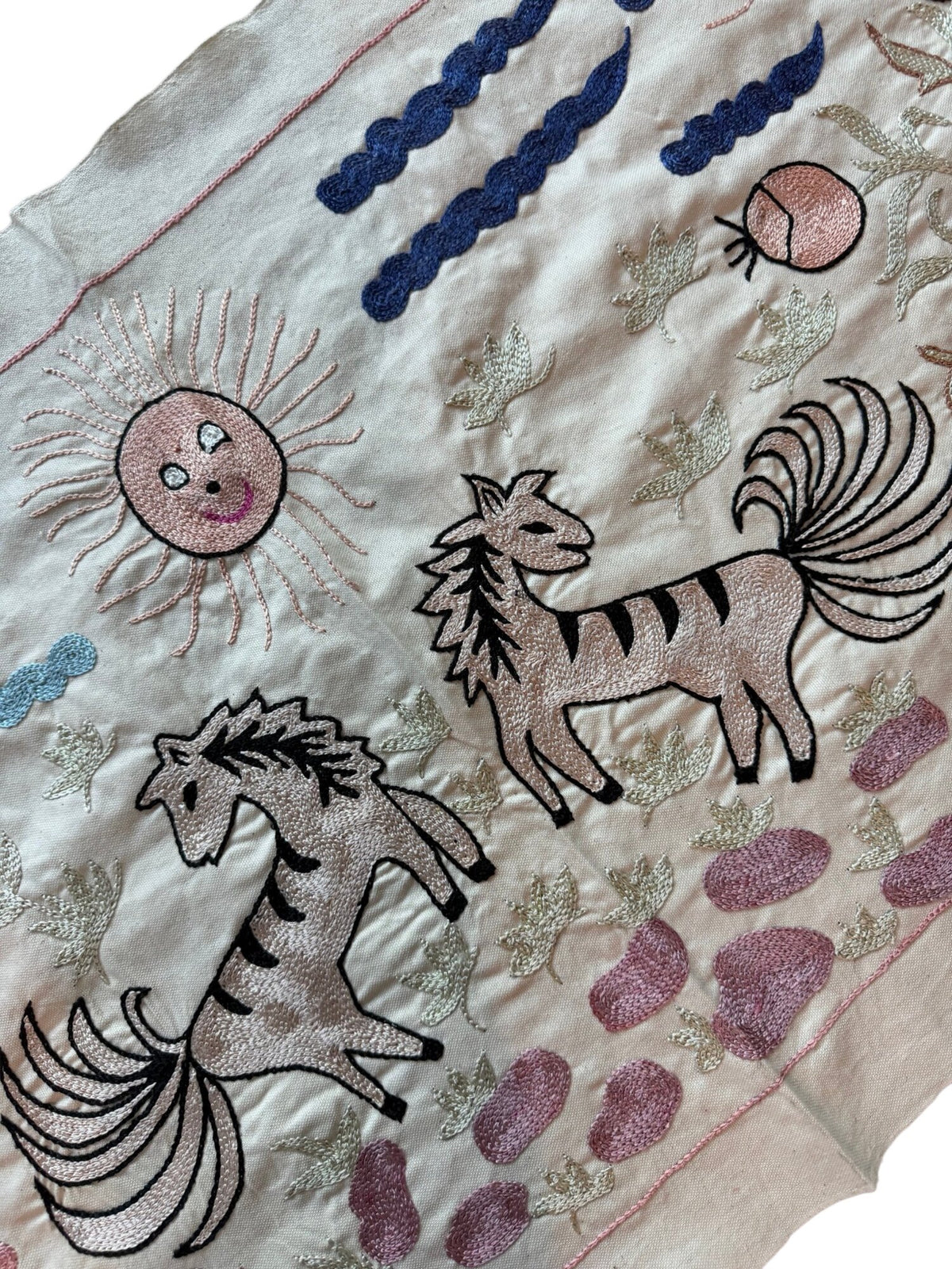 Bohemian Winged Horse Suzani Runner - Tashkent Pictorial Embroidery 1'8'' x 4'6'' - detail 6