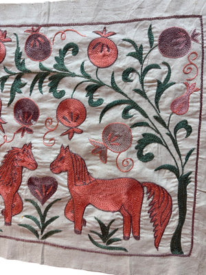 Hand-Embroidered Horse Suzani Wall Hanging - Bukhara Pictorial Textile 1'8'' x 4'7'' - detail 2