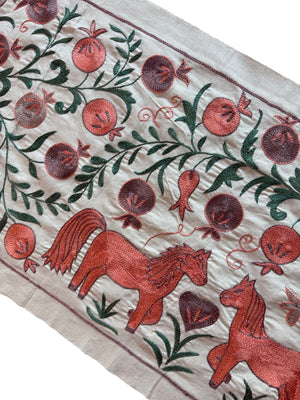 Hand-Embroidered Horse Suzani Wall Hanging - Bukhara Pictorial Textile 1'8'' x 4'7'' - detail 3