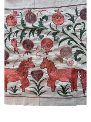 Hand-Embroidered Horse Suzani Wall Hanging - Bukhara Pictorial Textile 1'8'' x 4'7'' - detail 7