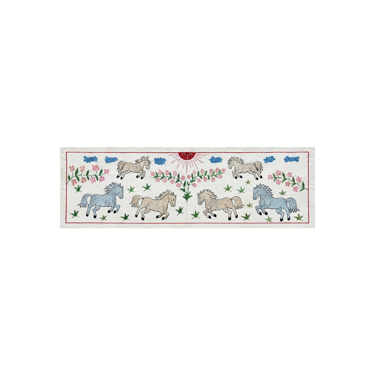 Boho Uzbek Suzani Table Runner, Horse Embroidery, Cotton Wall Decor 1'8'' x 4'10'' - front view