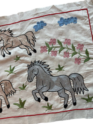 Boho Uzbek Suzani Table Runner, Horse Embroidery, Cotton Wall Decor 1'8'' x 4'10'' - detail 2