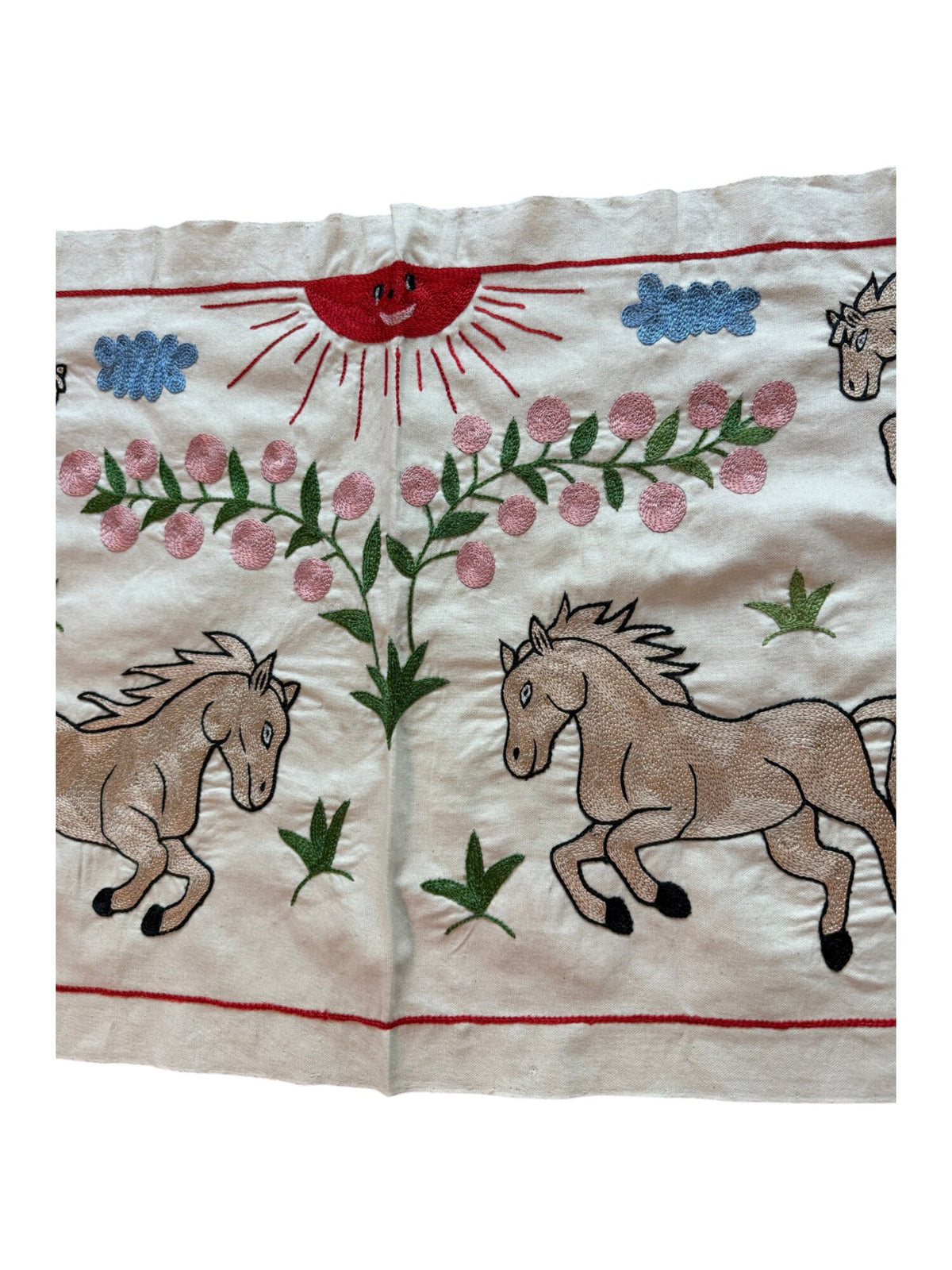 Boho Uzbek Suzani Table Runner, Horse Embroidery, Cotton Wall Decor 1'8'' x 4'10'' - detail 3