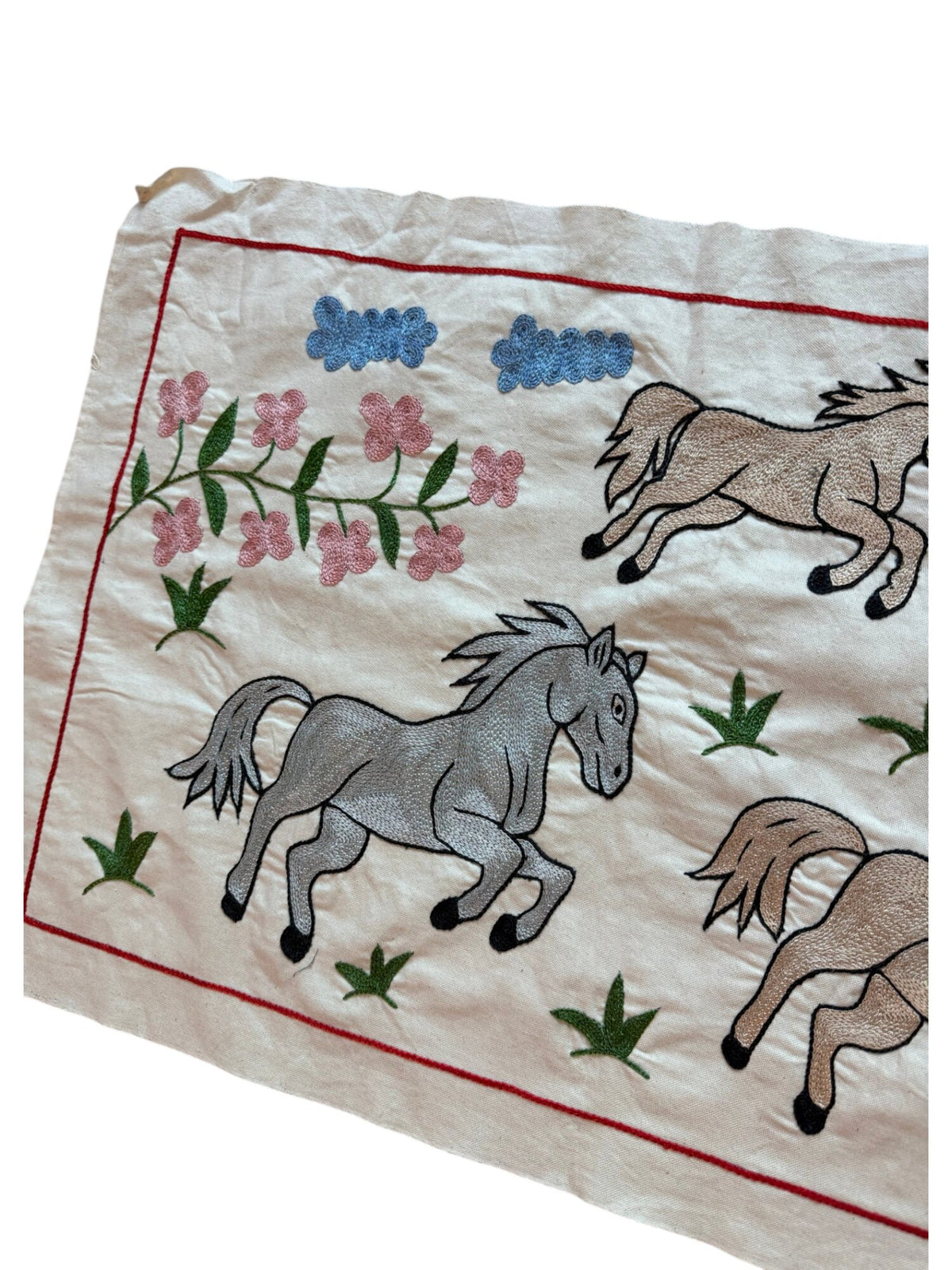 Boho Uzbek Suzani Table Runner, Horse Embroidery, Cotton Wall Decor 1'8'' x 4'10'' - detail 4
