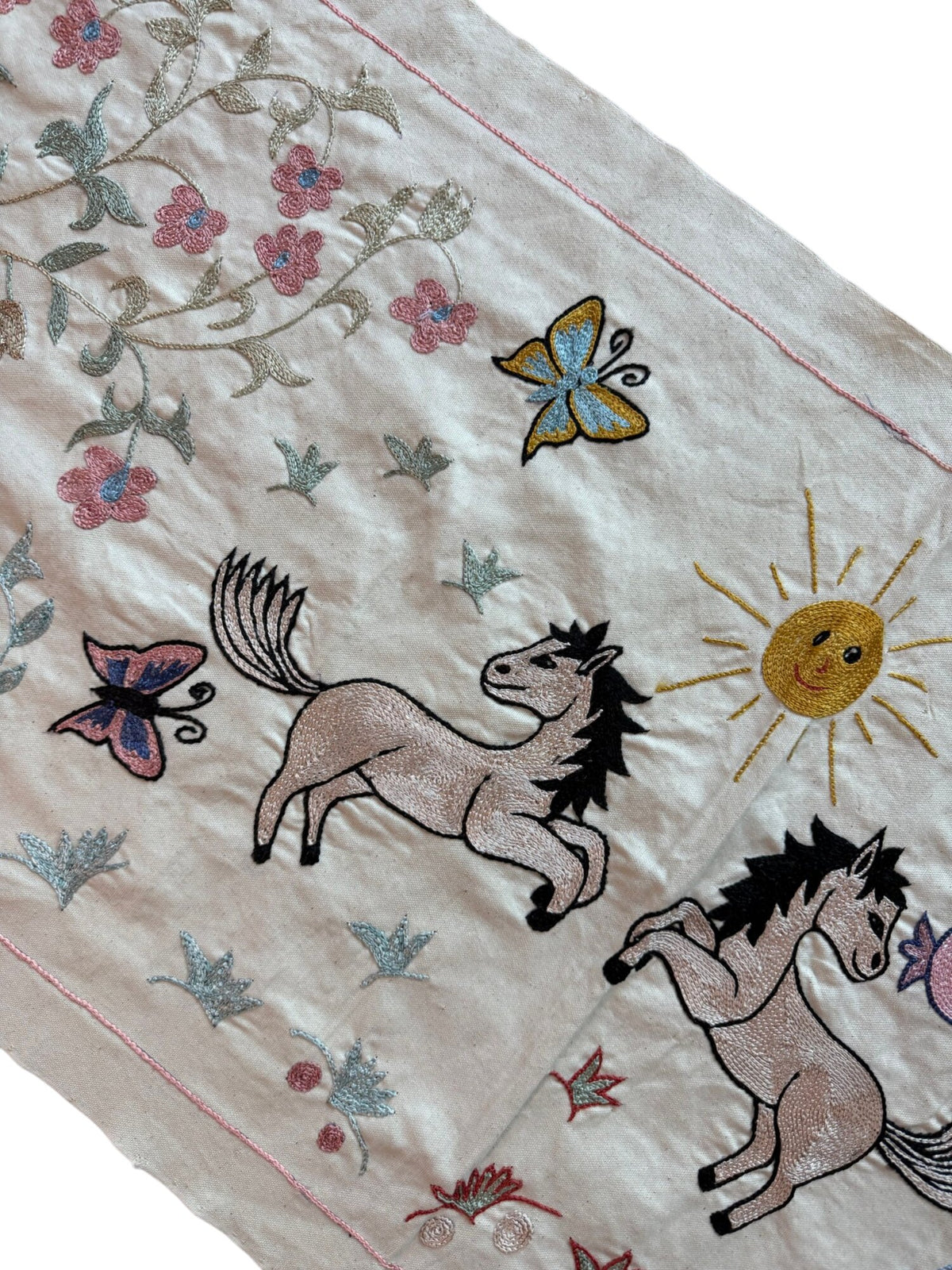 Artisan Suzani Embroidered Wall Hanging - Tashkent Winged Horse Embroidery, Tribal Decor 1'8'' x 4'7'' - detail 5