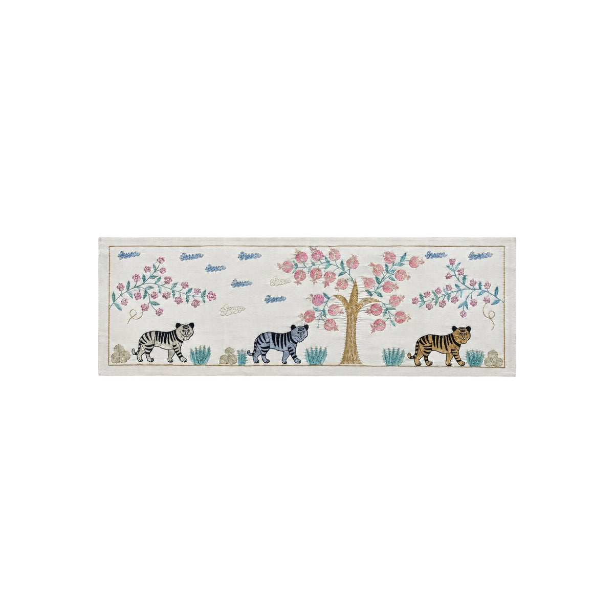 Tiger Pictorial Suzani Wall Hanging, Bohemian Uzbek Cotton Tablecloth 1'8'' x 4'8'' - front view