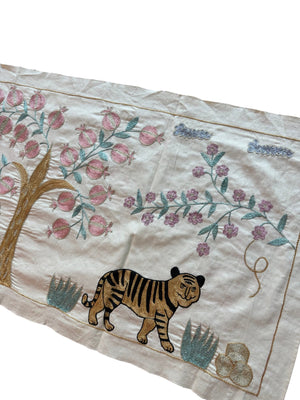 Tiger Pictorial Suzani Wall Hanging, Bohemian Uzbek Cotton Tablecloth 1'8'' x 4'8'' - detail 2