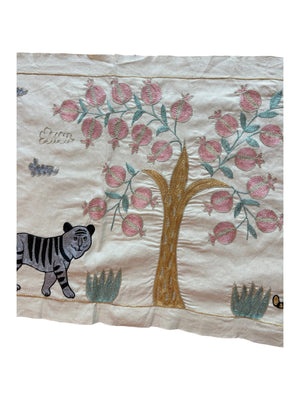 Tiger Pictorial Suzani Wall Hanging, Bohemian Uzbek Cotton Tablecloth 1'8'' x 4'8'' - detail 3