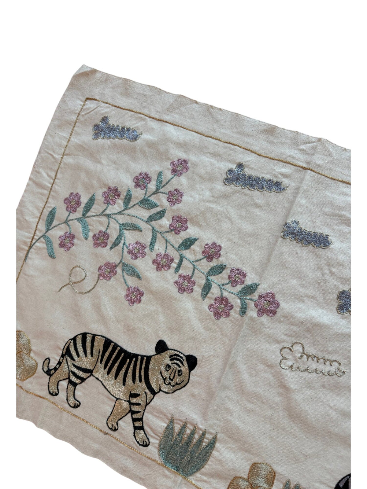 Tiger Pictorial Suzani Wall Hanging, Bohemian Uzbek Cotton Tablecloth 1'8'' x 4'8'' - detail 4
