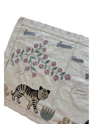 Tiger Pictorial Suzani Wall Hanging, Bohemian Uzbek Cotton Tablecloth 1'8'' x 4'8'' - detail 4