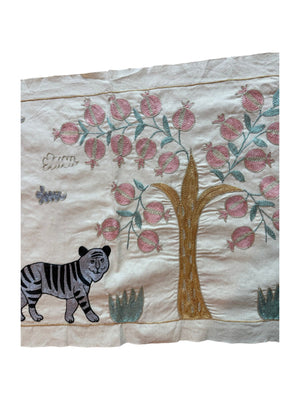 Tiger Pictorial Suzani Wall Hanging, Bohemian Uzbek Cotton Tablecloth 1'8'' x 4'8'' - detail 5