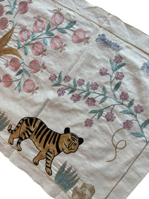 Tiger Pictorial Suzani Wall Hanging, Bohemian Uzbek Cotton Tablecloth 1'8'' x 4'8'' - detail 6
