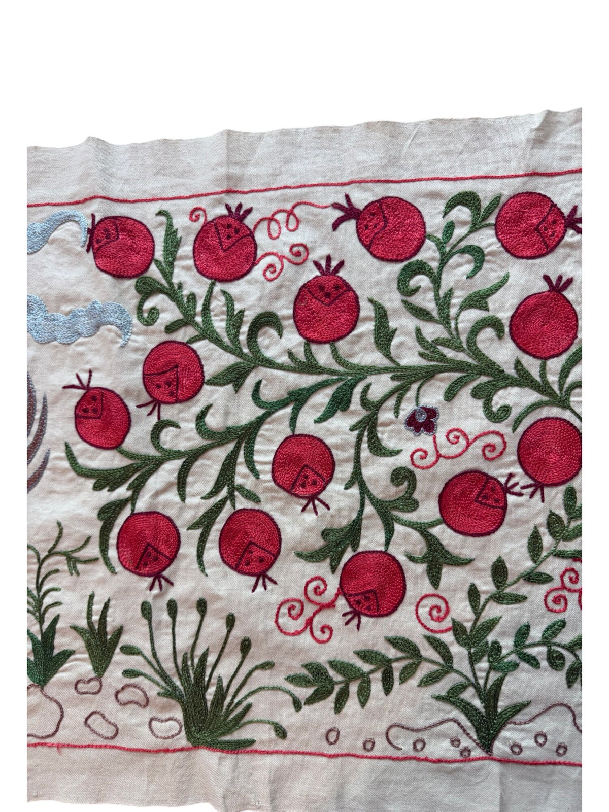 Winged Horse Pictorial Suzani Wall Decor, Boho Uzbek Cotton Tablecloth 1'8'' x 4'8'' - detail 2