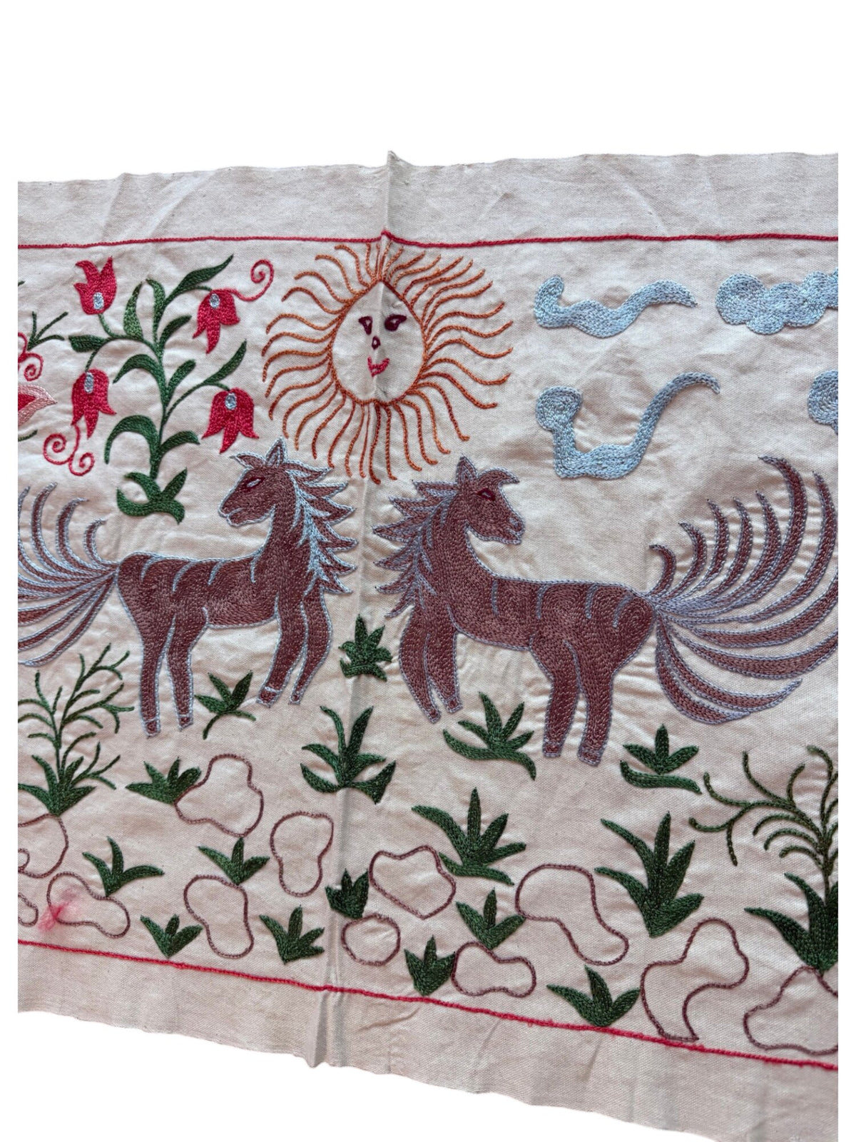 Winged Horse Pictorial Suzani Wall Decor, Boho Uzbek Cotton Tablecloth 1'8'' x 4'8'' - detail 3