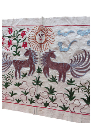 Winged Horse Pictorial Suzani Wall Decor, Boho Uzbek Cotton Tablecloth 1'8'' x 4'8'' - detail 3