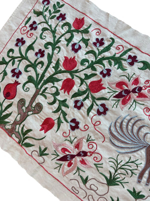 Winged Horse Pictorial Suzani Wall Decor, Boho Uzbek Cotton Tablecloth 1'8'' x 4'8'' - detail 4