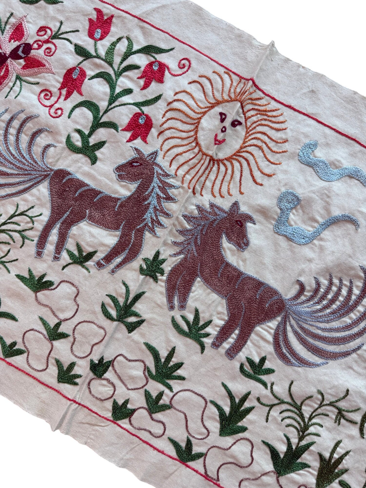Winged Horse Pictorial Suzani Wall Decor, Boho Uzbek Cotton Tablecloth 1'8'' x 4'8'' - detail 5