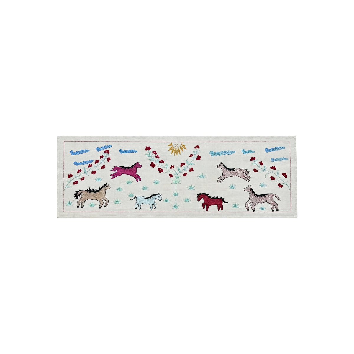 Artisan Uzbek Suzani Table Runner, Horse Embroidery, Cotton Wall Hanging Decor 1'8'' x 4'7'' - front view