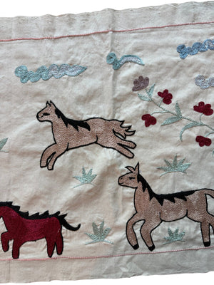 Artisan Uzbek Suzani Table Runner, Horse Embroidery, Cotton Wall Hanging Decor 1'8'' x 4'7'' - detail 2