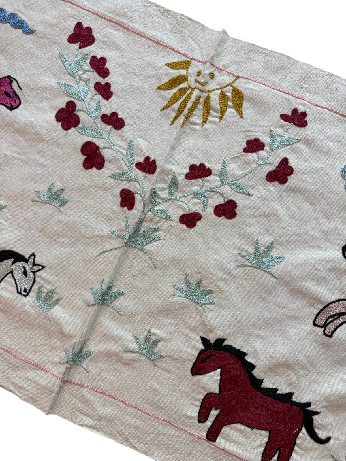 Artisan Uzbek Suzani Table Runner, Horse Embroidery, Cotton Wall Hanging Decor 1'8'' x 4'7'' - detail 3