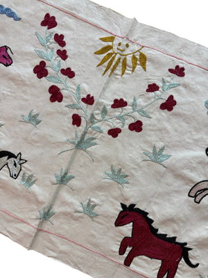 Artisan Uzbek Suzani Table Runner, Horse Embroidery, Cotton Wall Hanging Decor 1'8'' x 4'7'' - detail 3