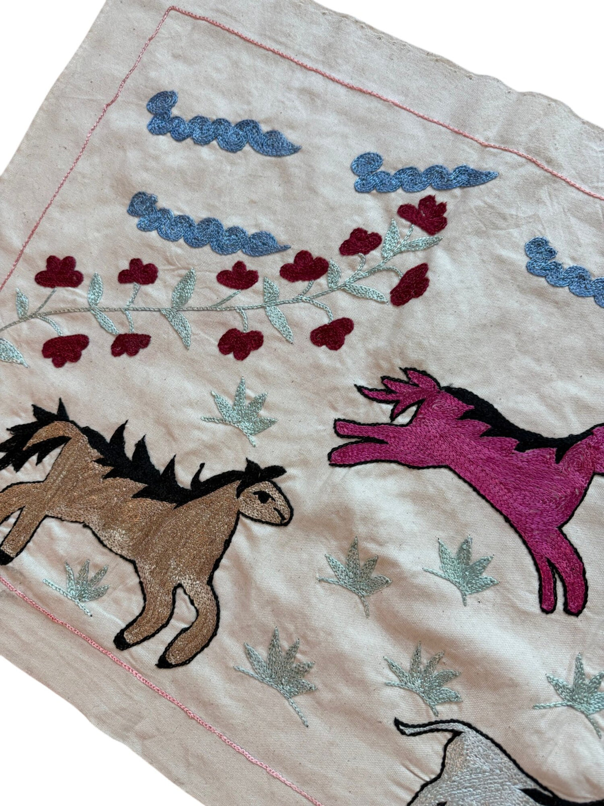 Artisan Uzbek Suzani Table Runner, Horse Embroidery, Cotton Wall Hanging Decor 1'8'' x 4'7'' - detail 4