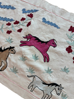 Artisan Uzbek Suzani Table Runner, Horse Embroidery, Cotton Wall Hanging Decor 1'8'' x 4'7'' - detail 5