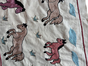Handmade Uzbek Suzani Table Runner, Horse Embroidery, Cotton Tapestry 1'8'' x 4'8'' - detail 2