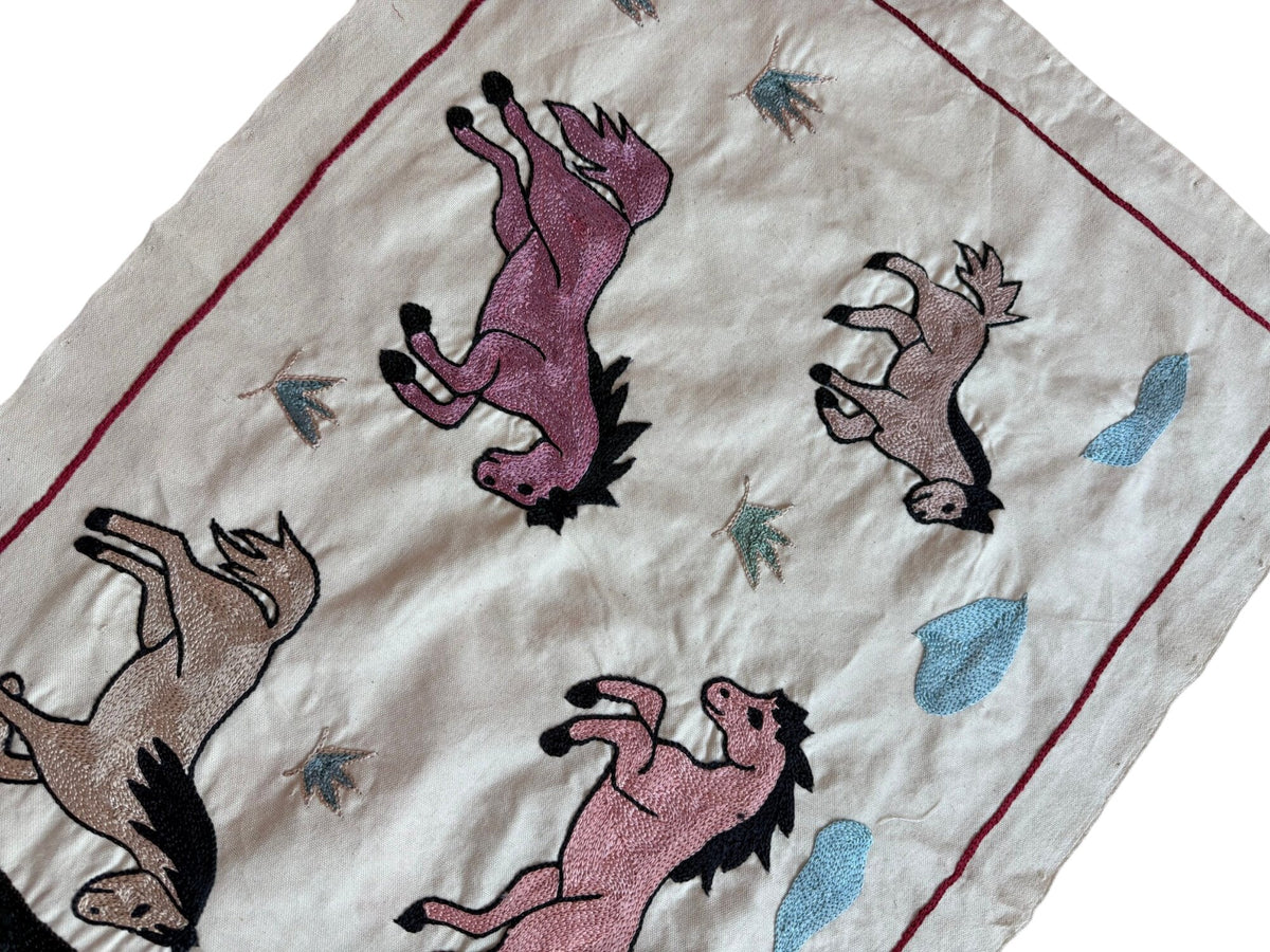 Handmade Uzbek Suzani Table Runner, Horse Embroidery, Cotton Tapestry 1'8'' x 4'8'' - detail 4