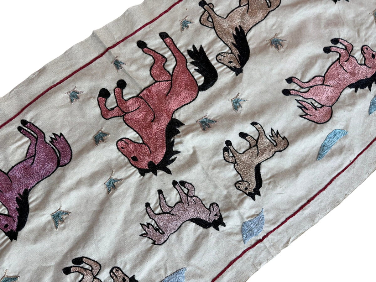 Handmade Uzbek Suzani Table Runner, Horse Embroidery, Cotton Tapestry 1'8'' x 4'8'' - detail 6