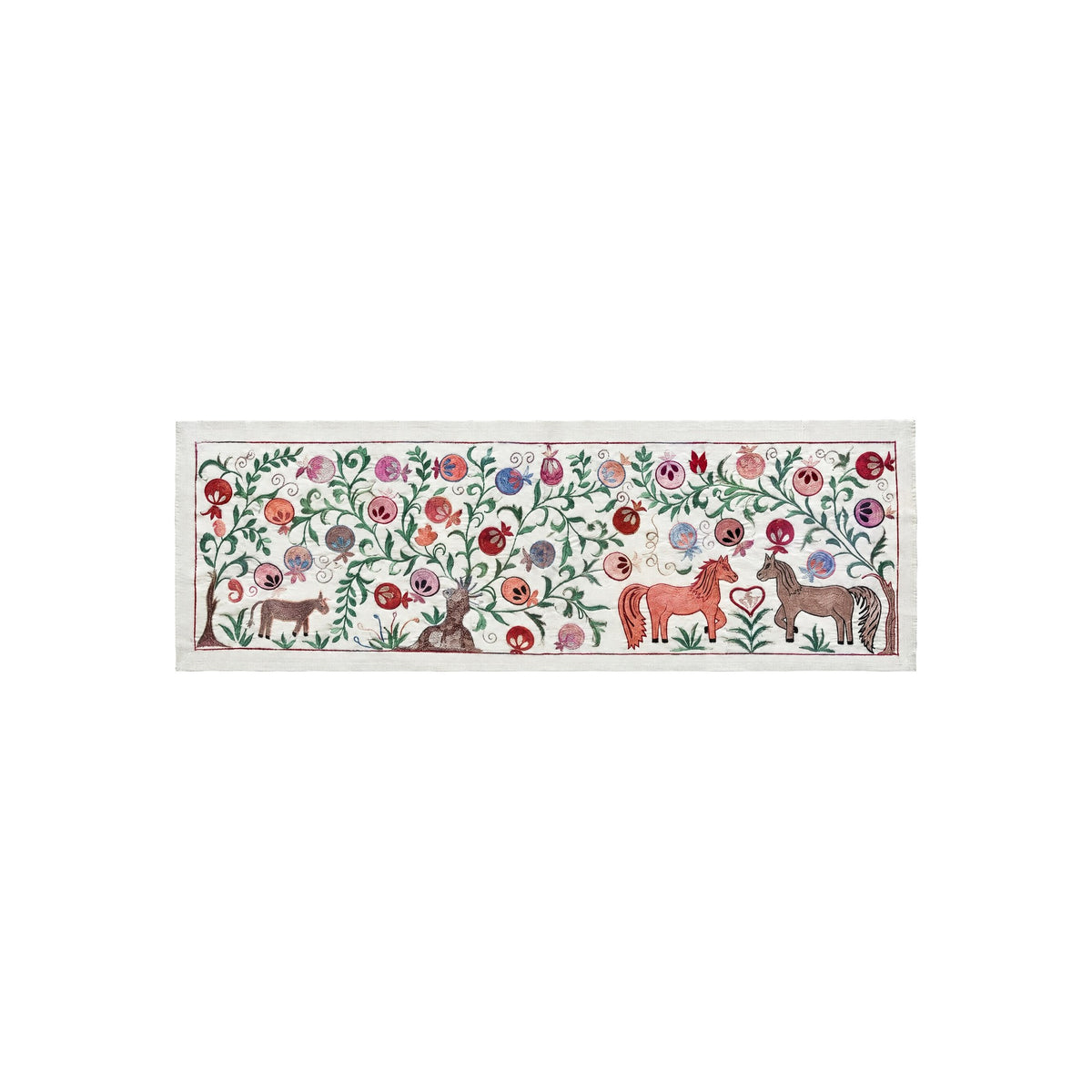 Decorative Uzbek Suzani Table Runner, Horse Embroidery, Cotton Tapestry 1'8'' x 4'7'' - front view