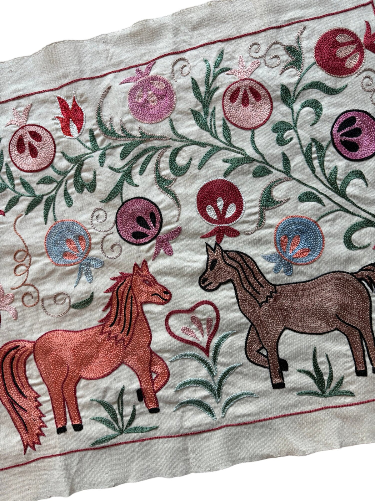 Decorative Uzbek Suzani Table Runner, Horse Embroidery, Cotton Tapestry 1'8'' x 4'7'' - detail 2