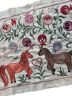 Decorative Uzbek Suzani Table Runner, Horse Embroidery, Cotton Tapestry 1'8'' x 4'7'' - detail 2