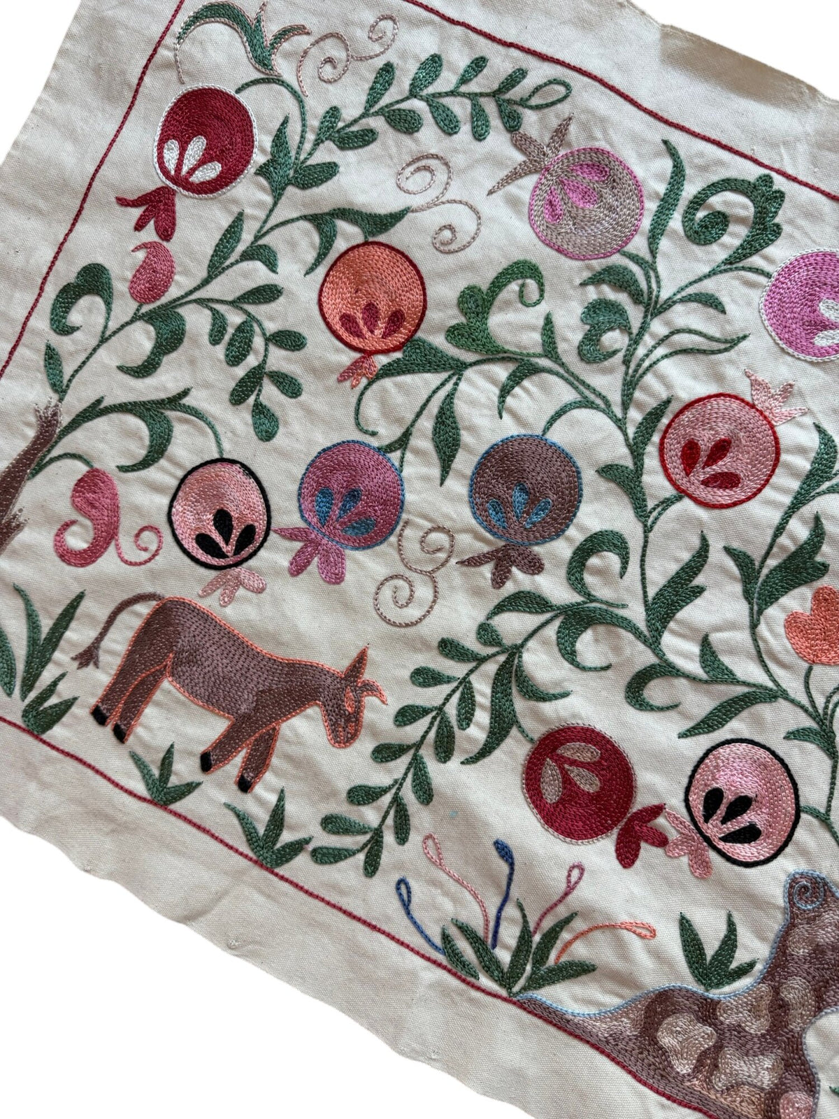 Decorative Uzbek Suzani Table Runner, Horse Embroidery, Cotton Tapestry 1'8'' x 4'7'' - detail 4
