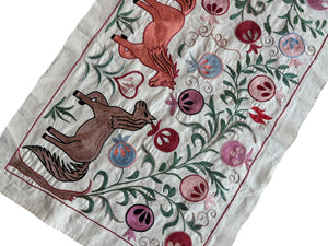 Decorative Uzbek Suzani Table Runner, Horse Embroidery, Cotton Tapestry 1'8'' x 4'7'' - detail 5
