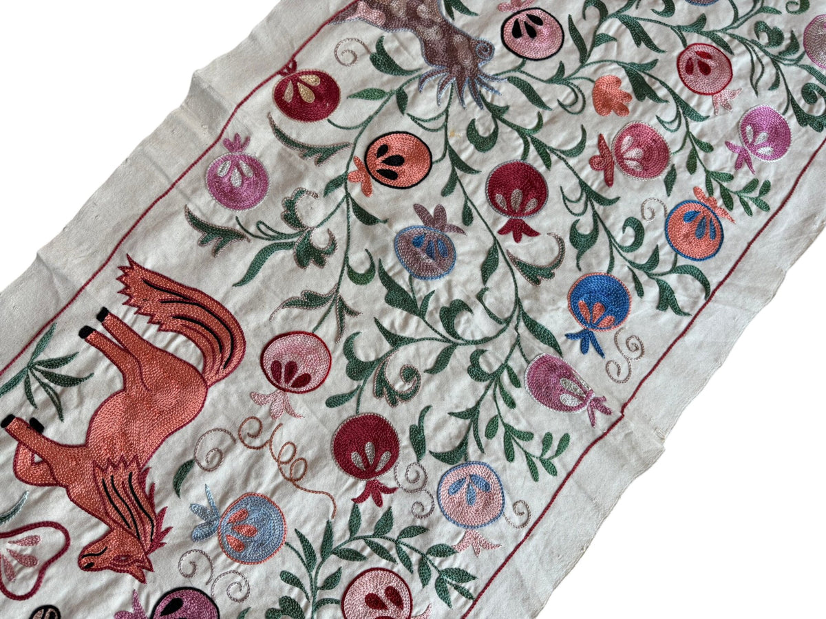 Decorative Uzbek Suzani Table Runner, Horse Embroidery, Cotton Tapestry 1'8'' x 4'7'' - detail 6