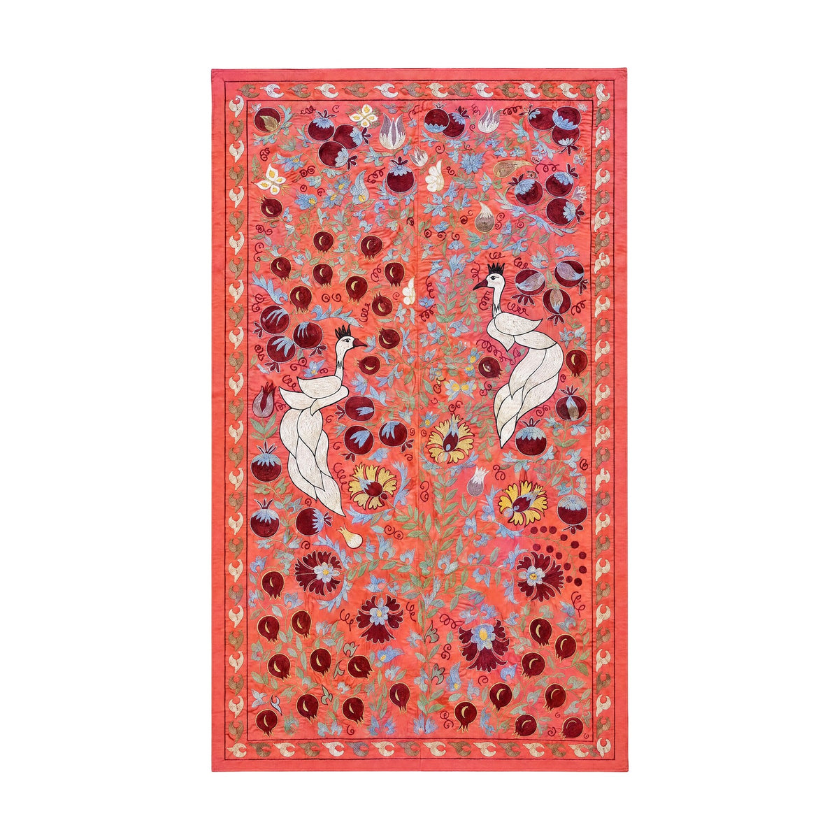 Boho Red Silk Suzani Wall Tapestry, Peacock Embroidery 3'5'' x 6'1'' - front view