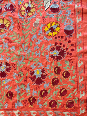 Boho Red Silk Suzani Wall Tapestry, Peacock Embroidery 3'5'' x 6'1'' - detail 2