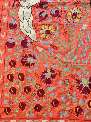 Boho Red Silk Suzani Wall Tapestry, Peacock Embroidery 3'5'' x 6'1'' - detail 3