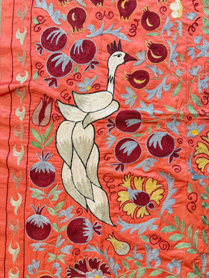Boho Red Silk Suzani Wall Tapestry, Peacock Embroidery 3'5'' x 6'1'' - detail 4