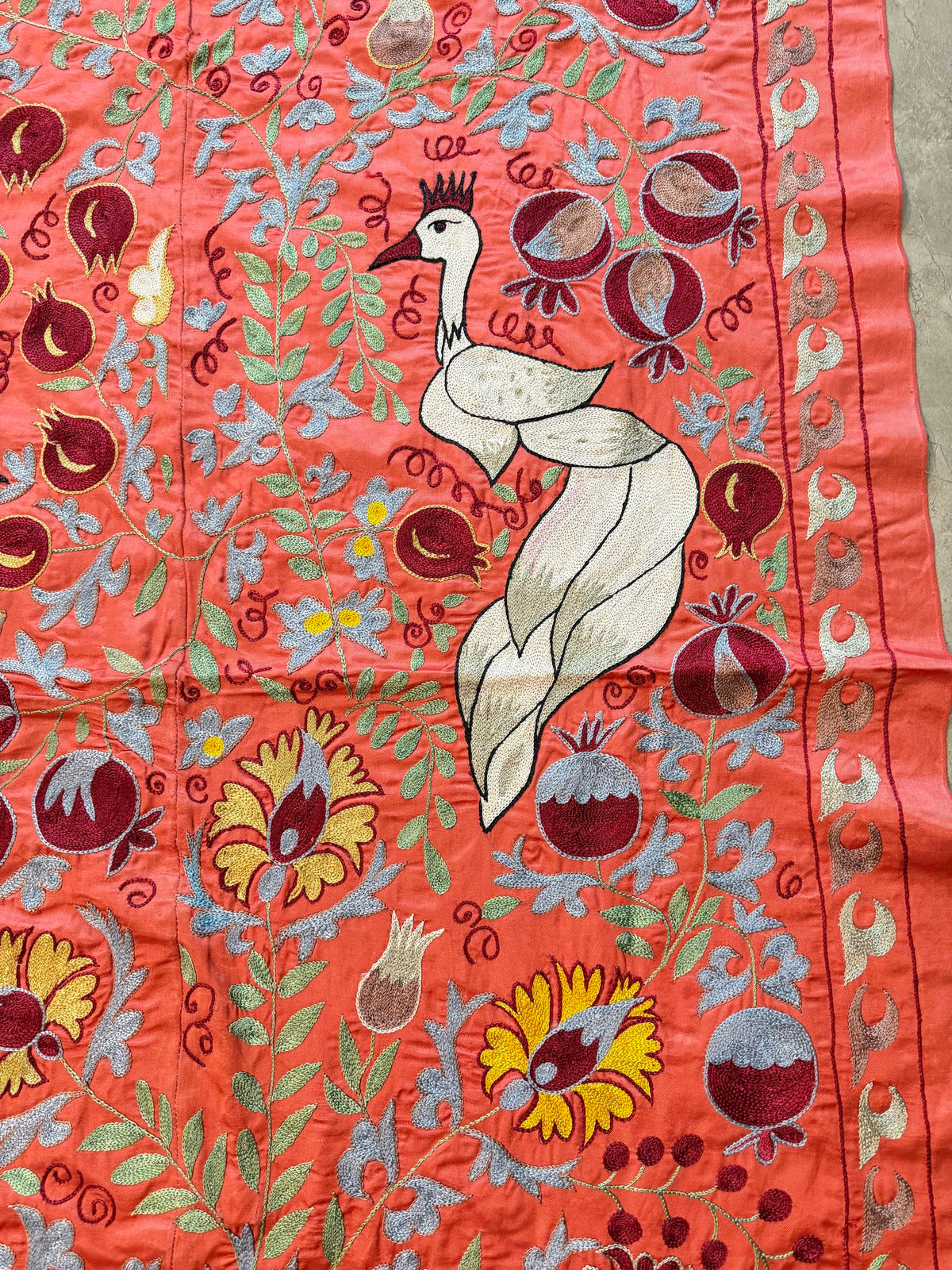 Boho Red Silk Suzani Wall Tapestry, Peacock Embroidery 3'5'' x 6'1'' - detail 5