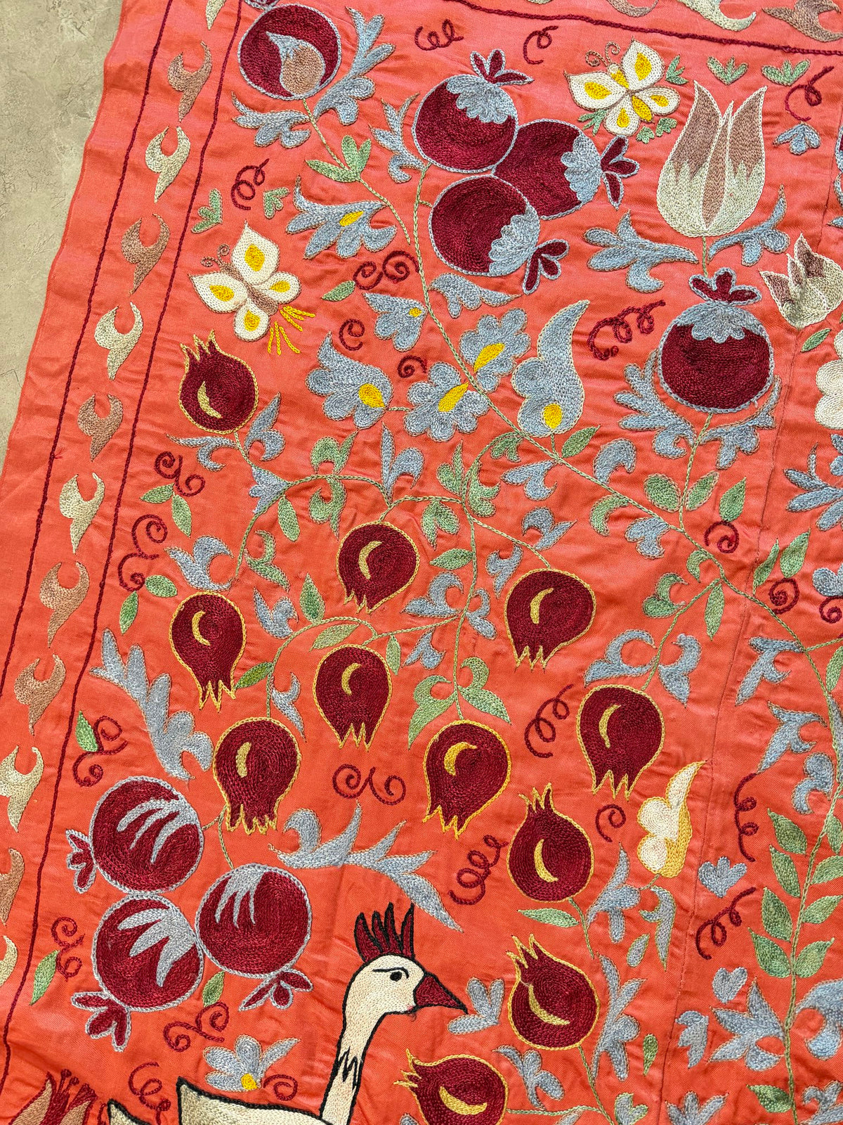 Boho Red Silk Suzani Wall Tapestry, Peacock Embroidery 3'5'' x 6'1'' - detail 6
