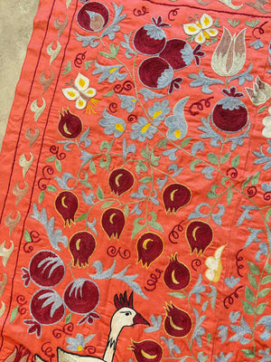 Boho Red Silk Suzani Wall Tapestry, Peacock Embroidery 3'5'' x 6'1'' - detail 6